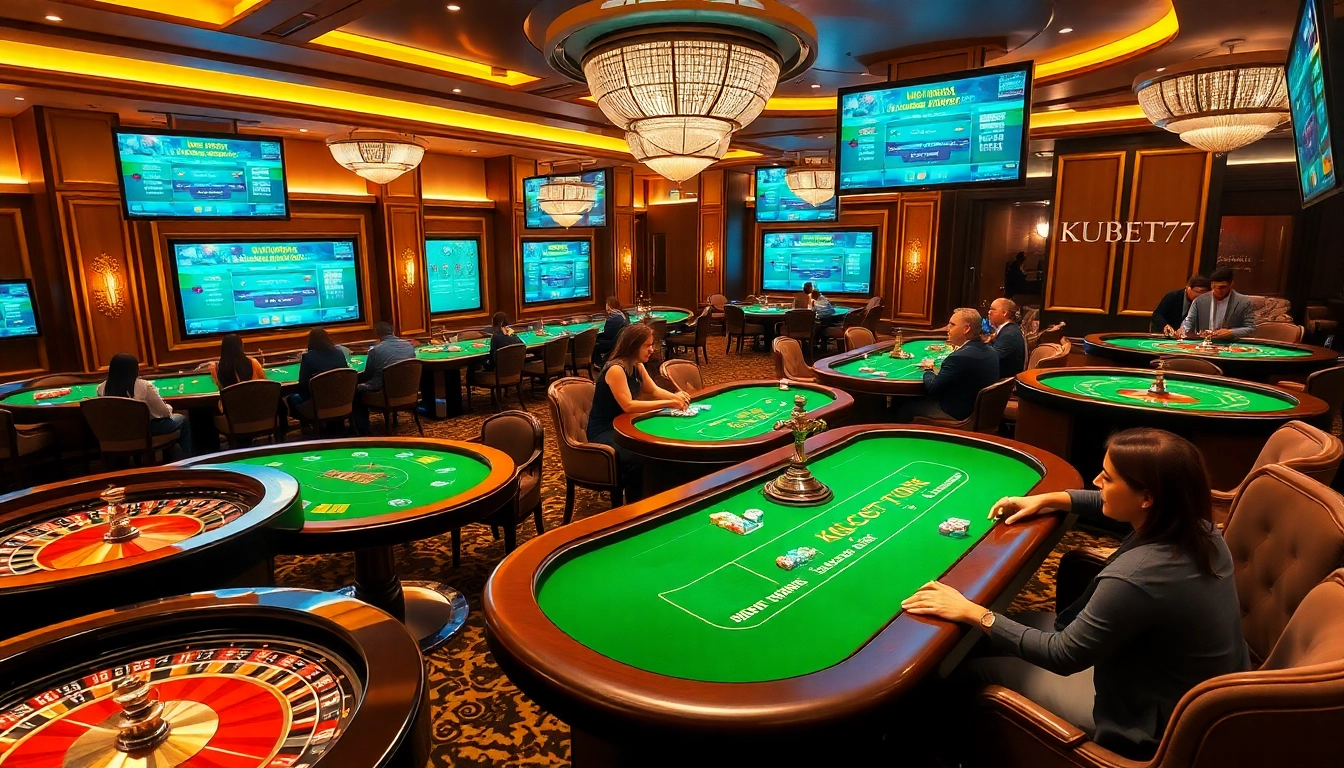 KUBET77 gaming area with luxurious casino tables and engaged players enjoying various gambling activities.