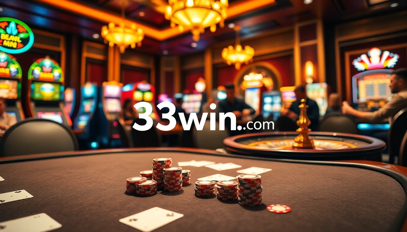 Experience the thrill of 33win .com đăng nhập at a vibrant casino table with chips and cards.