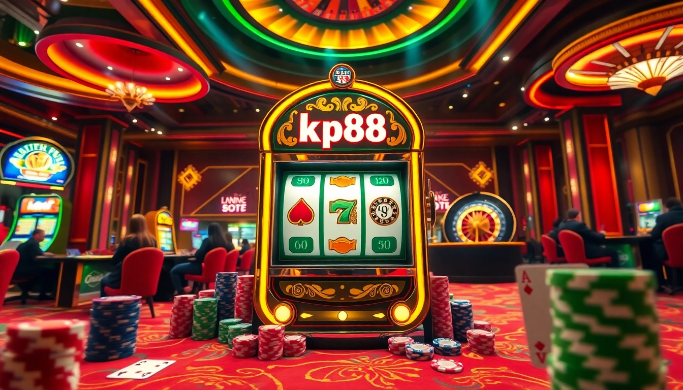Players enjoy high-stakes action at kp88 slot machine amidst vibrant casino atmosphere.