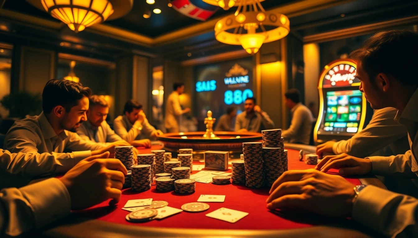Players enjoying high-stakes poker at ww88 casino table with vibrant chips and cards.