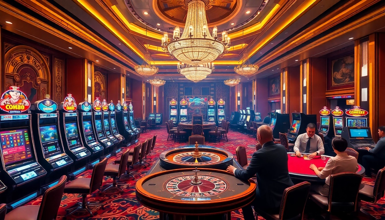 Experience the thrill of cm88 at an elegant casino table with vibrant slot machines and exciting gameplay.