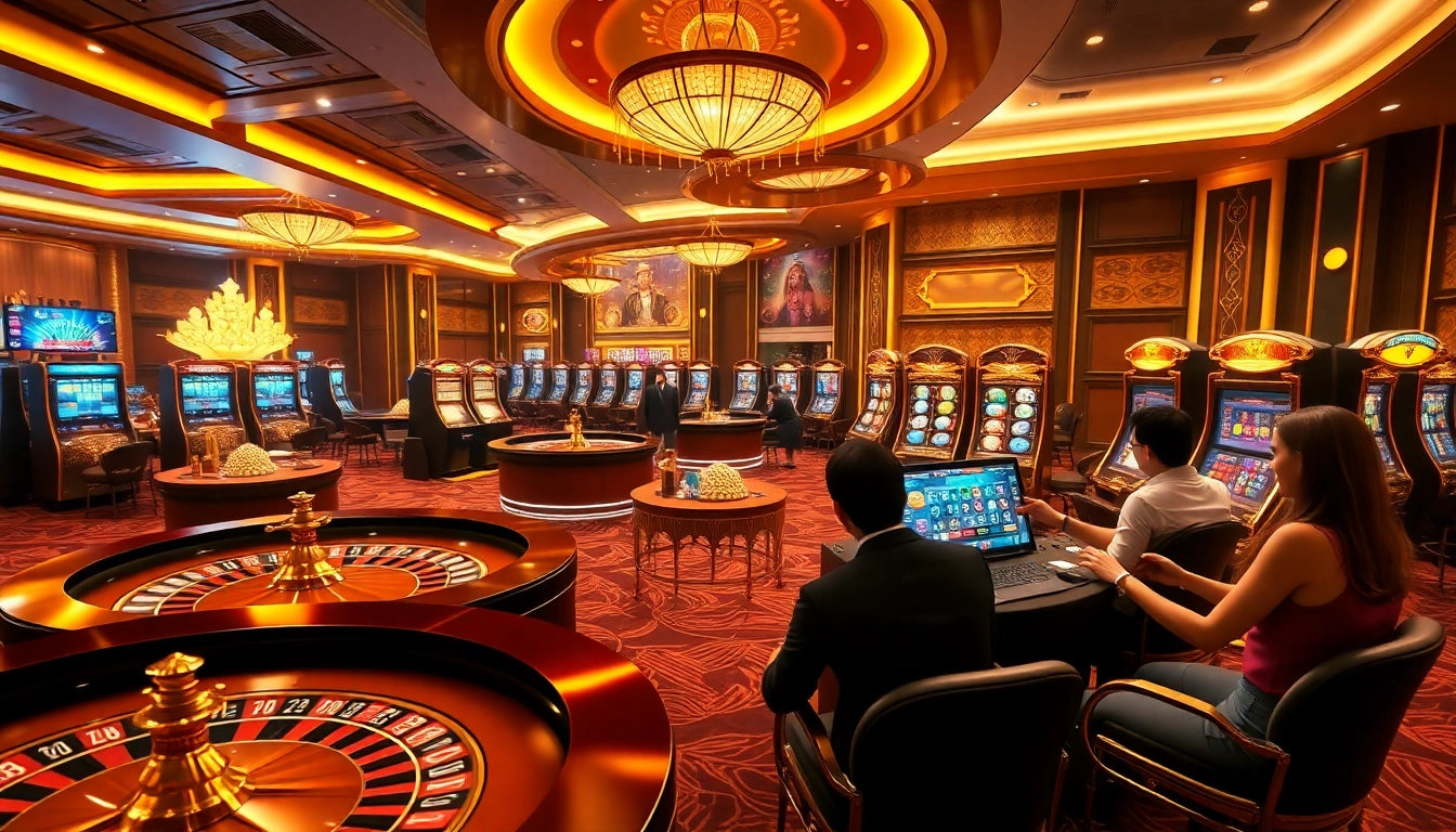 BJ88 Thomo online gambling scene featuring roulette wheels and poker chips, showcasing excitement.