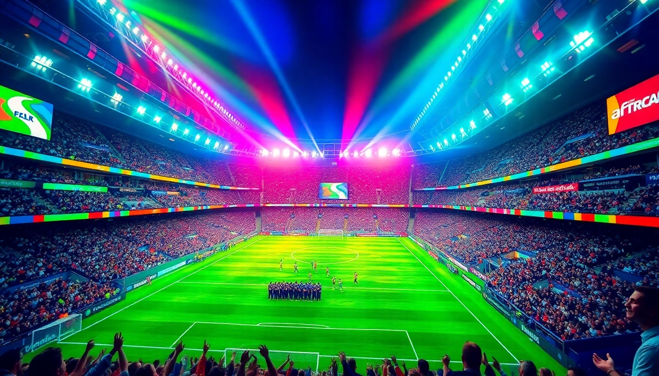 Exciting football match live broadcast at https://vaoluoitv.it.com with cheering fans and vivid team colors.