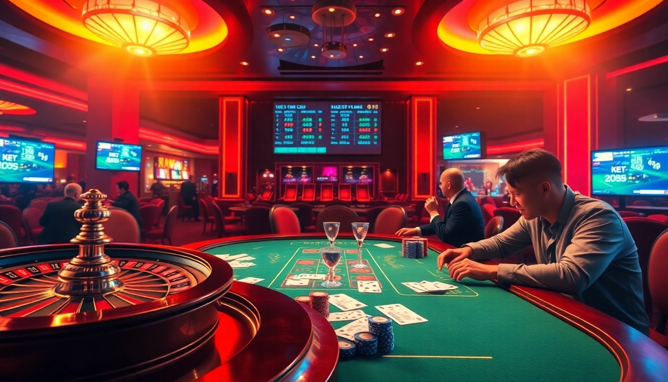Keo nha cai players engaging in an exciting poker game in a luxurious casino atmosphere.