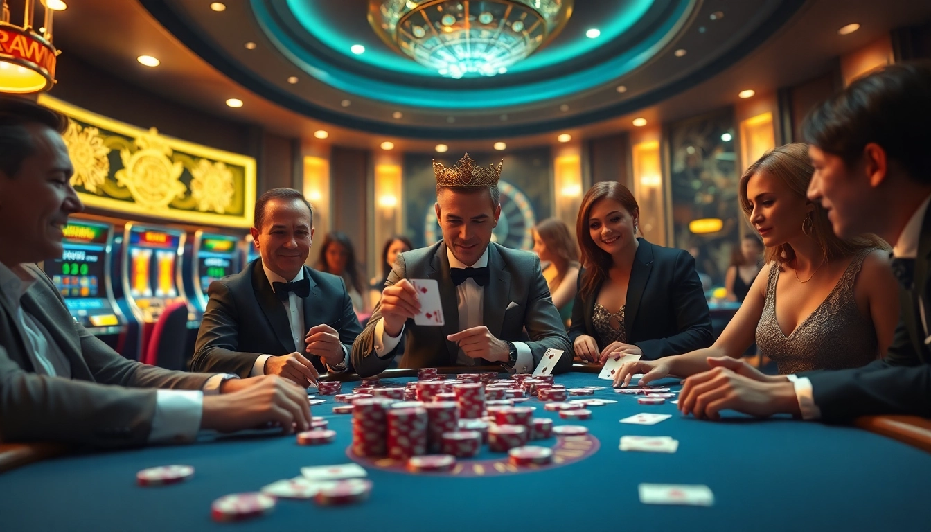 Engaging players at the luxurious King 88 gaming table, surrounded by vibrant poker chips and cards.