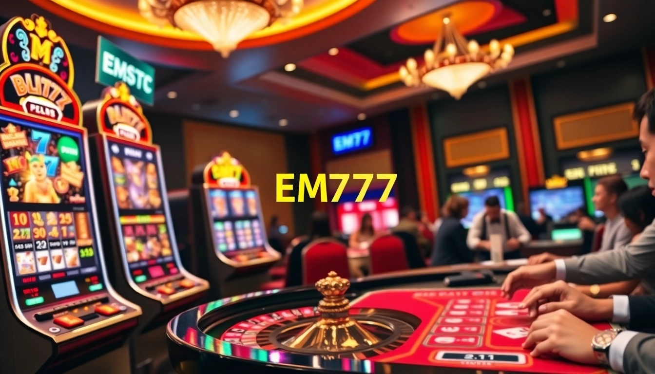 Players enjoying thrilling games at EM777's vibrant online casino with slots and roulette.