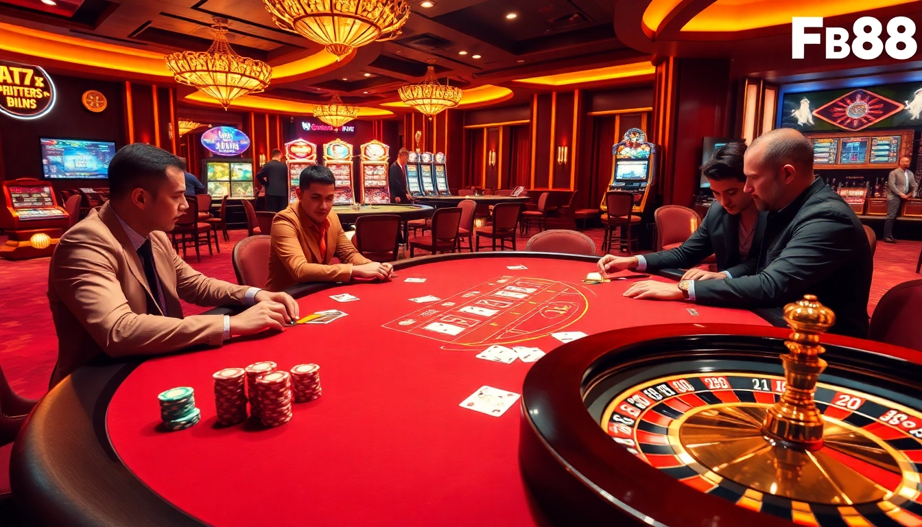 Intense poker action at a luxurious Fb88 casino table, showcasing chips and cards.