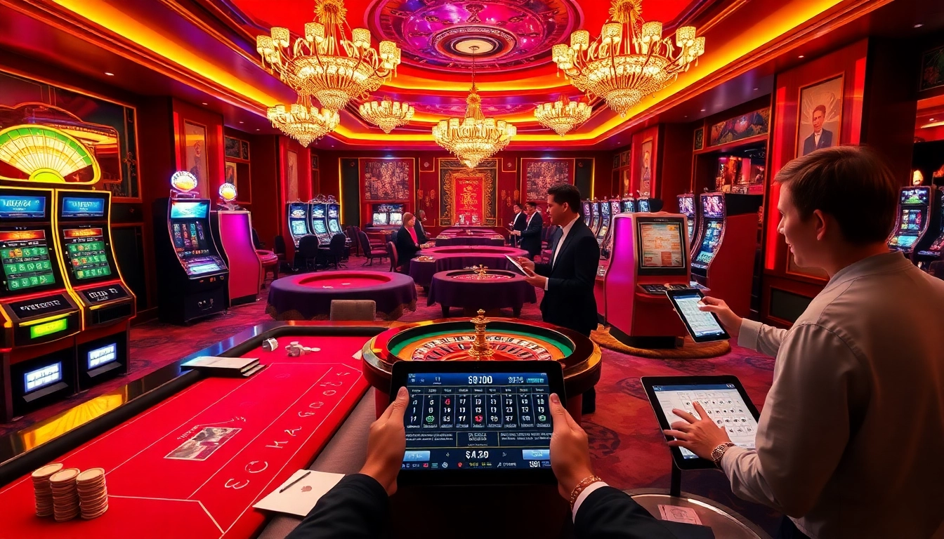 Players enjoying luxury gaming at 33win casino with vibrant tables and thrilling slot machines.