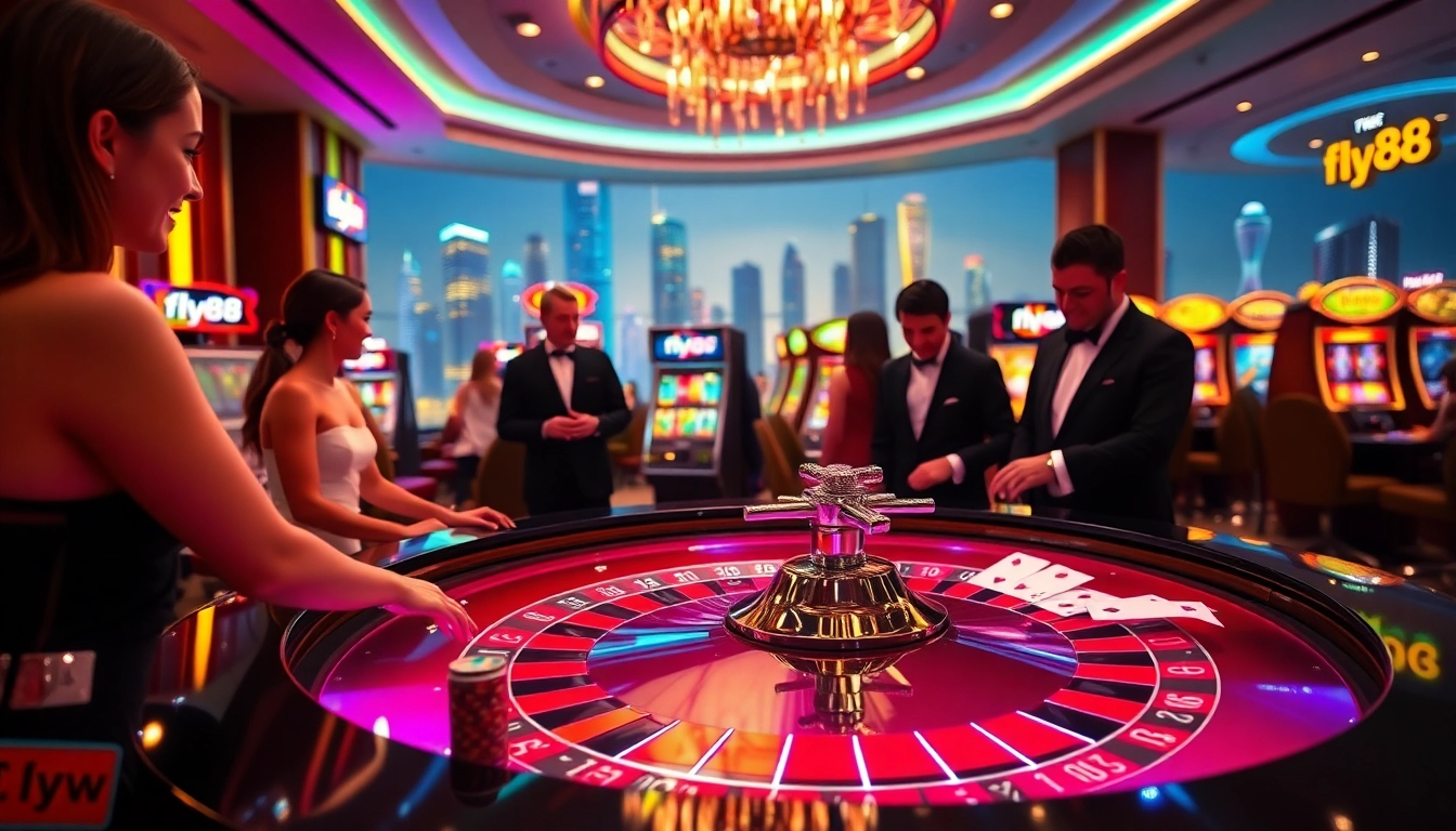 Experience the thrill of fly88 with engaging gameplay at a luxurious casino featuring exciting slot machines and roulette tables.