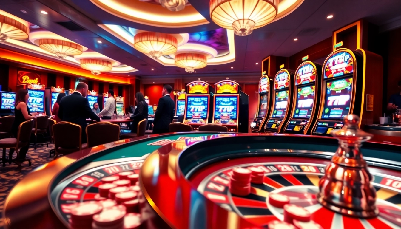 Experience thrills at 777VIP casino with roulette and slot machines in vibrant action.
