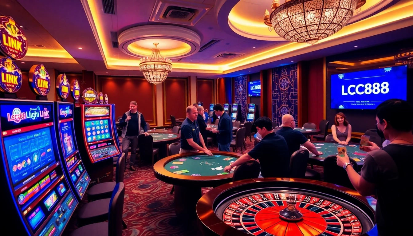 Players enjoying games at a luxurious casino showcasing the Lc88 Link for online gambling.