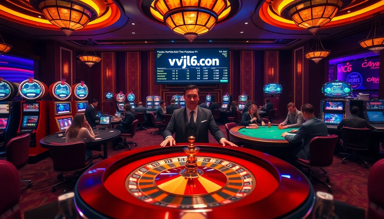 Gambling excitement at a luxury casino featuring roulette, poker, and vvjl6 com branded tables.