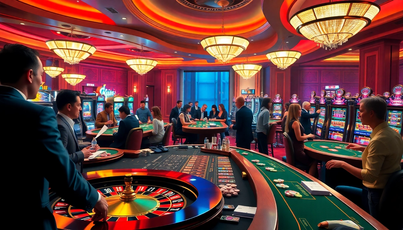 Exciting casino scene featuring diverse players at tables and vibrant slot machines from https://sunwin.builders/.