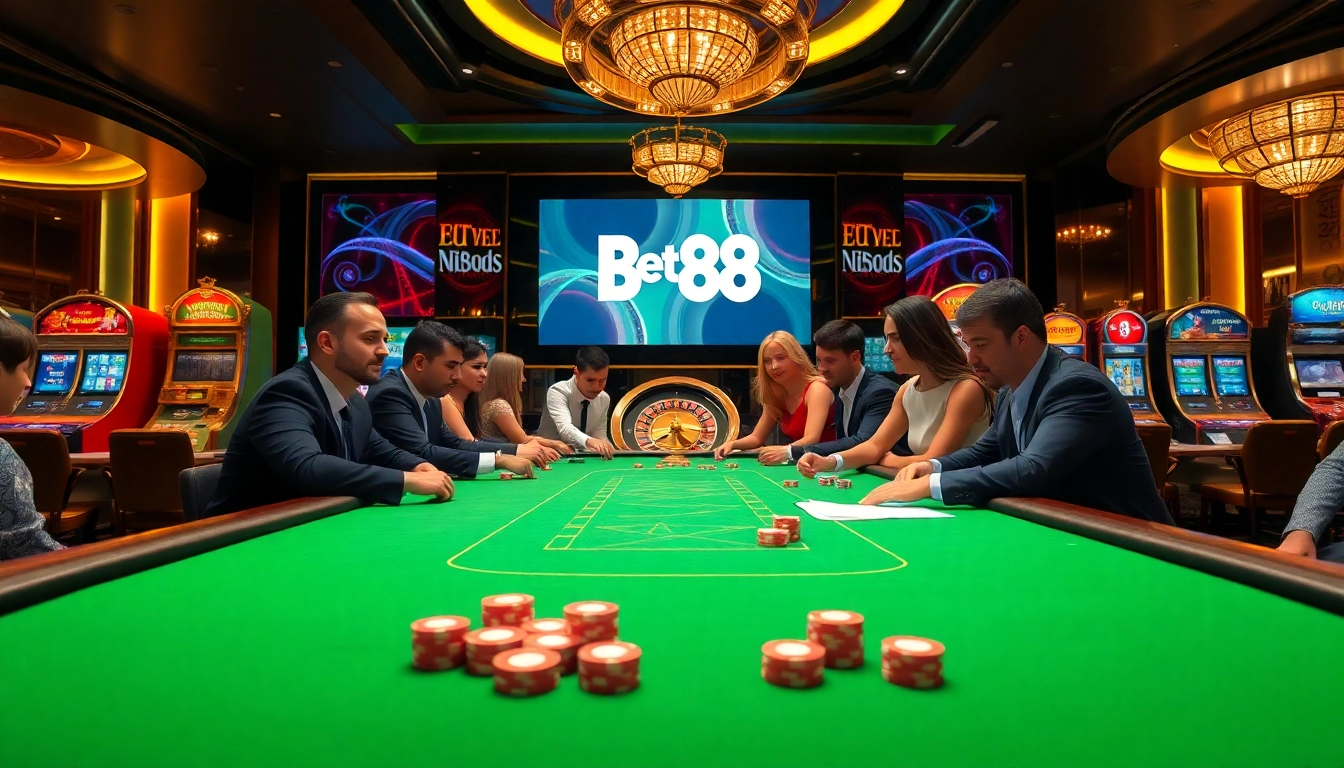 Engaging poker game at Bet88 casino with players and colorful chips.