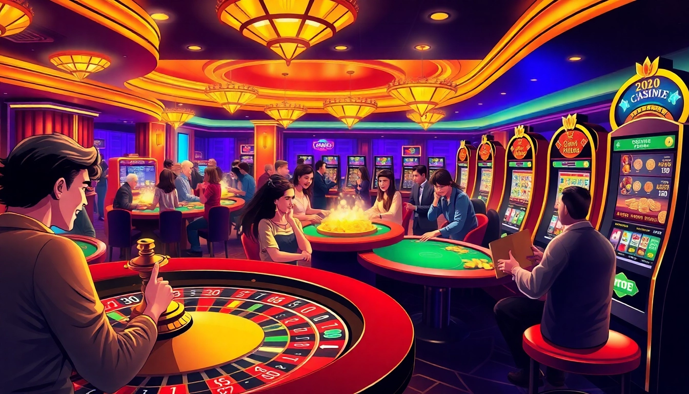 Gamblers enjoying a thrilling moment at the casino, inspired by https://ok365vvip.com/ with vibrant games in play.