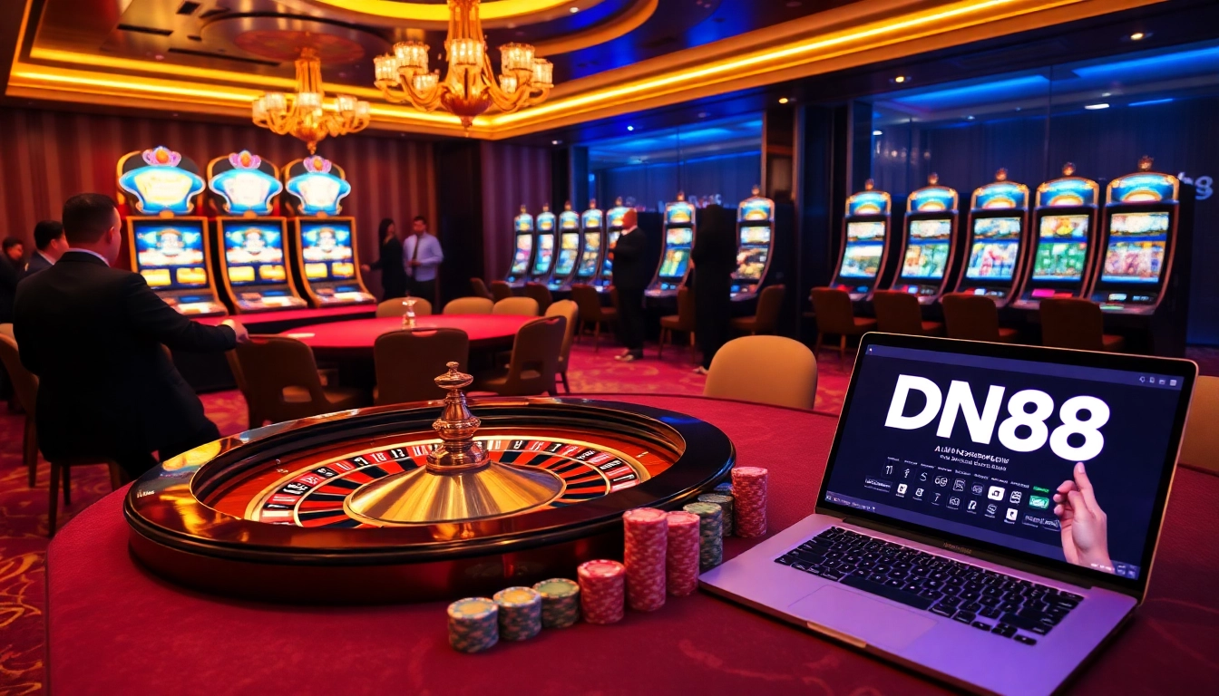 Experience the thrilling atmosphere of DN88 with glamorous casino visuals and exciting games.