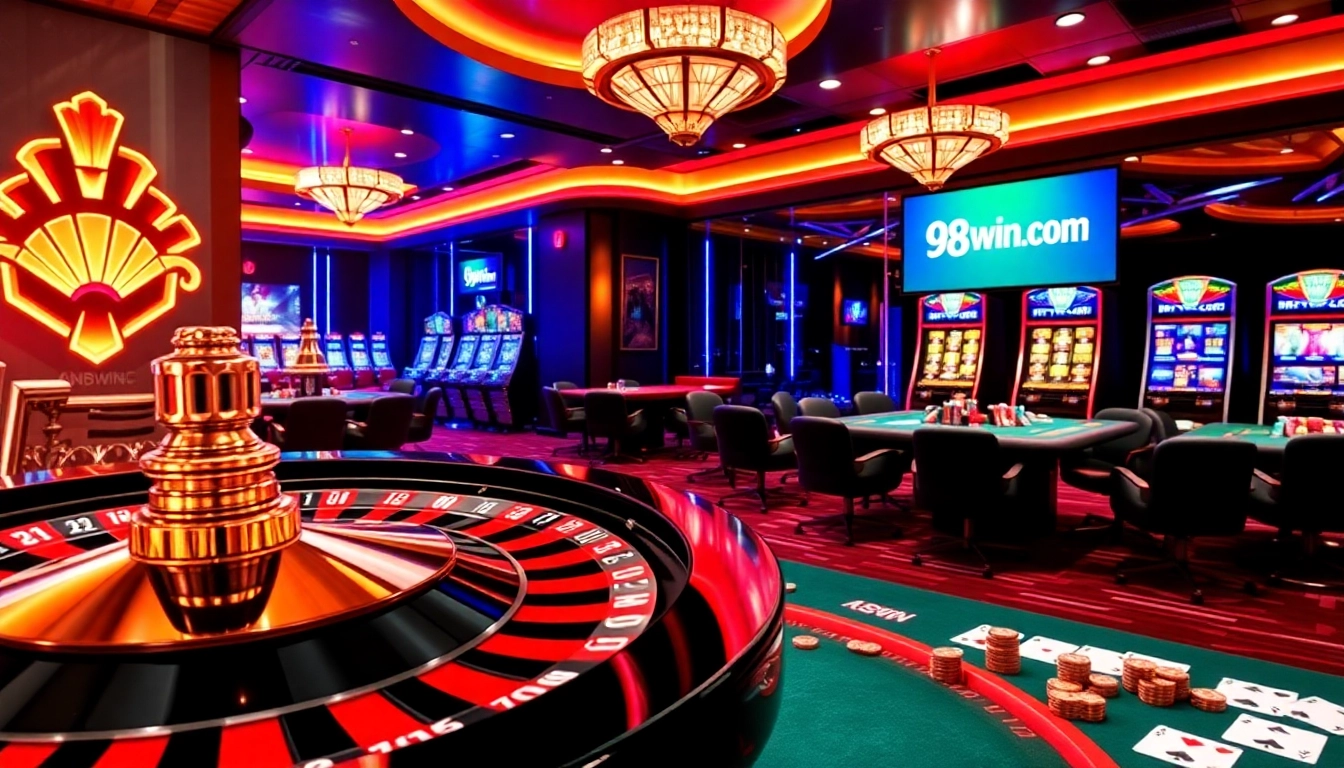 Experience thrilling gameplay at 98win. com with an elegant casino environment featuring roulette and poker.