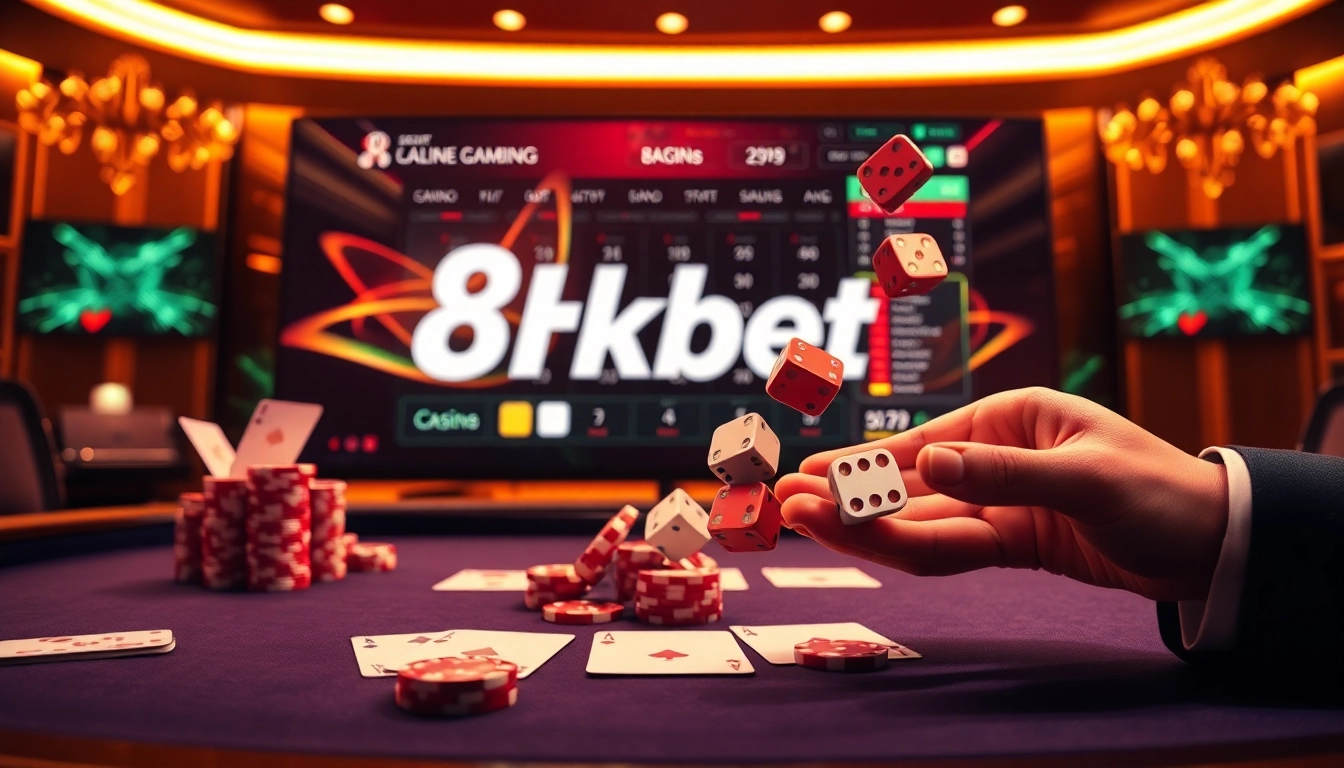 Experience the thrill of high-stakes gambling at 8kbet with elegant poker tables and vibrant casino elements.