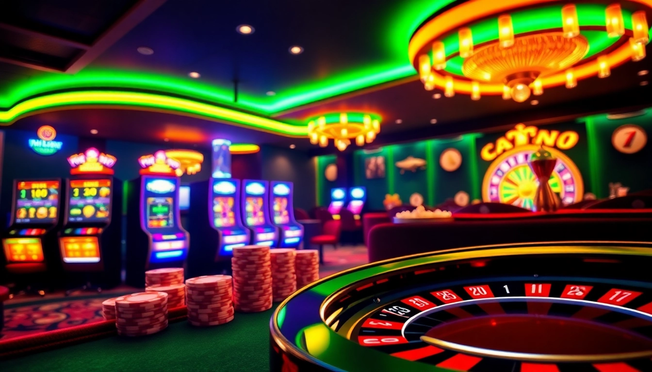 Experience the thrill of betting at hm88 with an elegant online casino interface, poker chips, and slot machines.