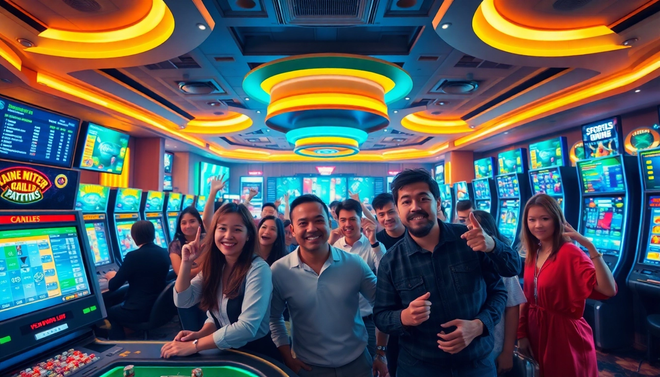 Exciting scene of online gambling experiences at tk88win.live with diverse players enjoying casino games.