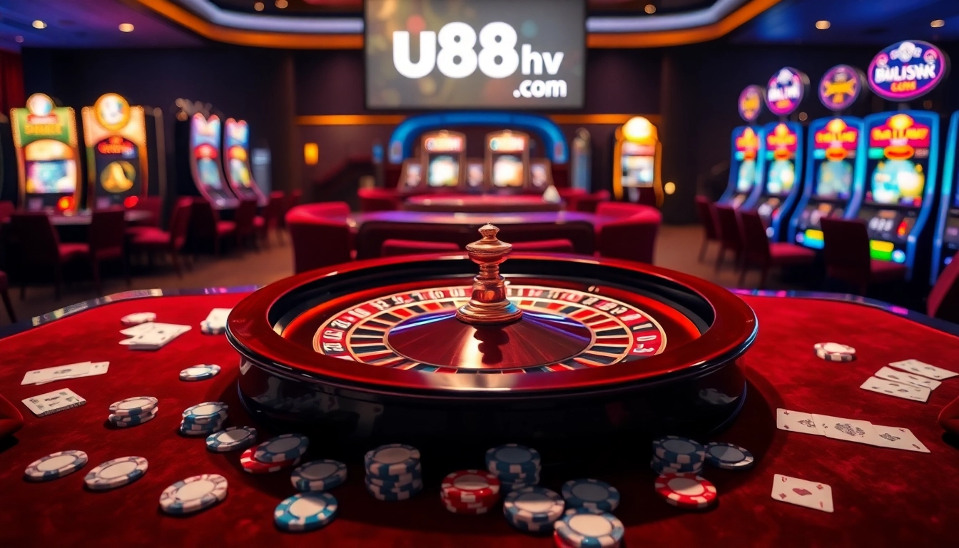 Experience the thrill of u888hv.com with an elegant casino scene showcasing roulette and poker.