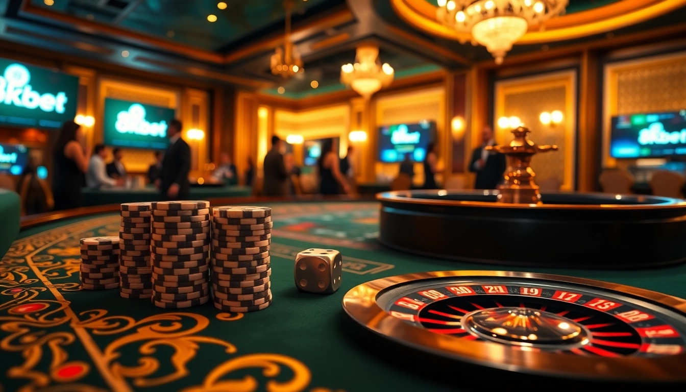 Experience the thrill of 8kbet gaming at an opulent casino table with vibrant chips and roulette wheel.