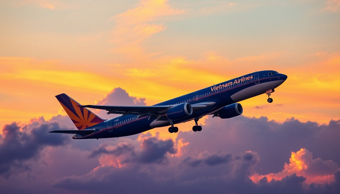 VN168 flight taking off at sunset, showcasing Vietnam Airlines' aircraft in vibrant colors.