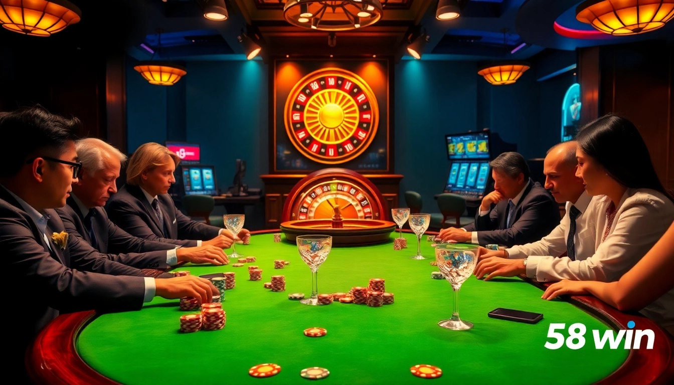 Experience the excitement of 58win at a glamorous poker table surrounded by chips and cards.