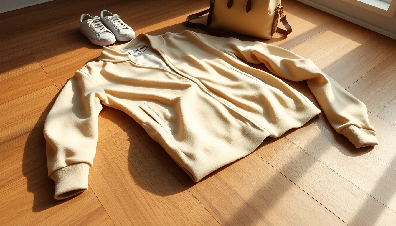 Essentials Tracksuit displayed on a wooden floor with stylish accessories.