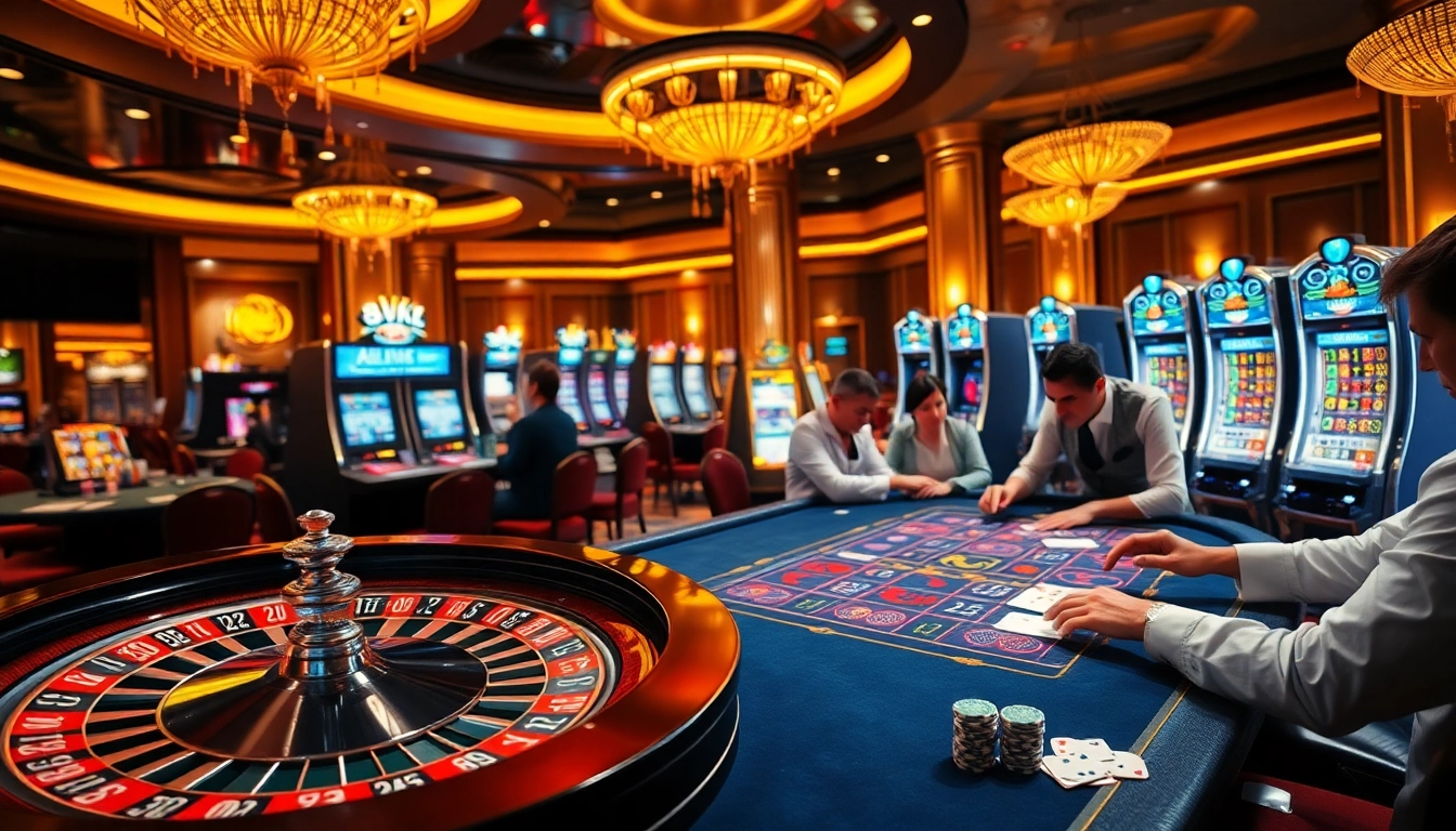 Engage in high-stakes gameplay at an elegant casino scene inspired by https://lc88.art/ featuring roulette and poker.