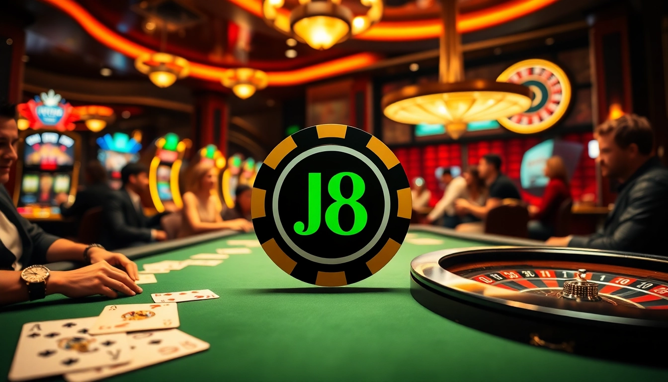 Experience high-stakes gaming with J8 poker chips at a vibrant casino table full of excitement.