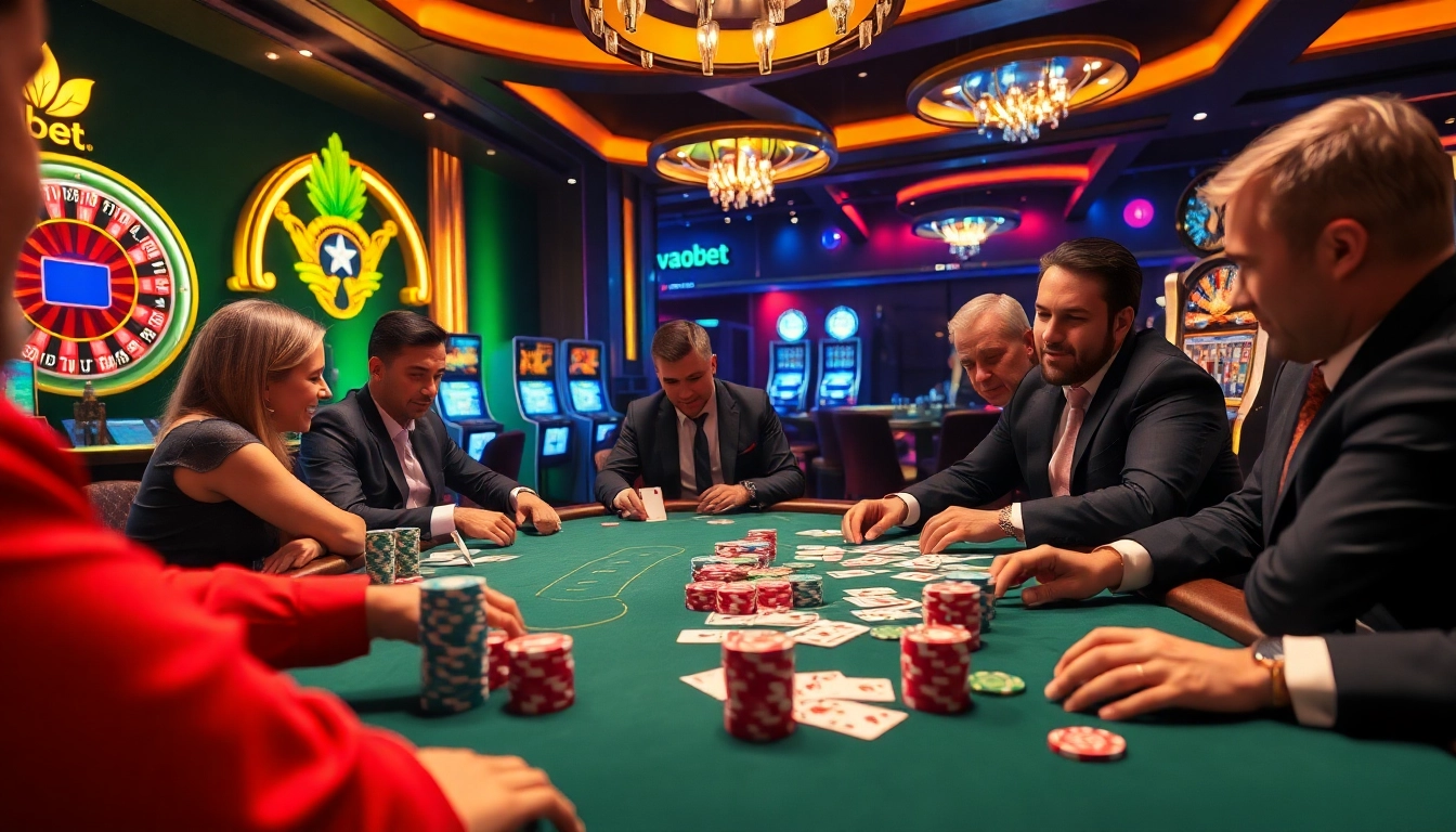 Players strategically competing at a vibrant vaobet poker table surrounded by casino excitement.