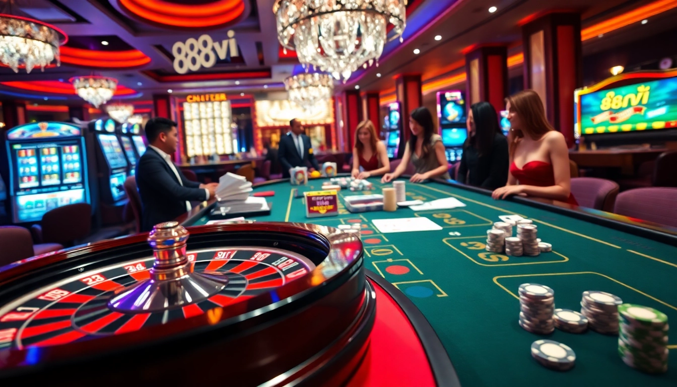 Players enjoying a thrilling game experience at 888vi casino with vibrant roulette wheel and poker chips.