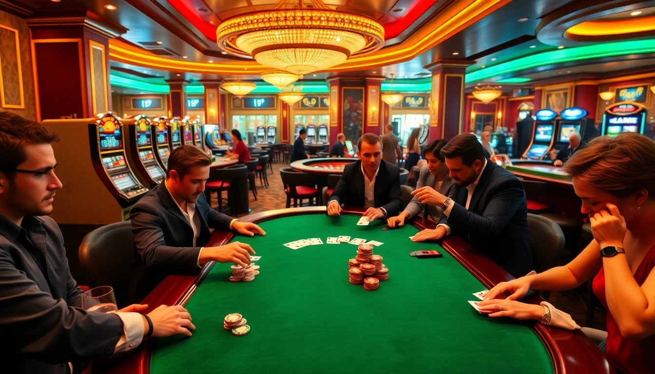Experience the thrilling action of poker at https://s8mode.com/ with players and chips in an elegant casino setting.