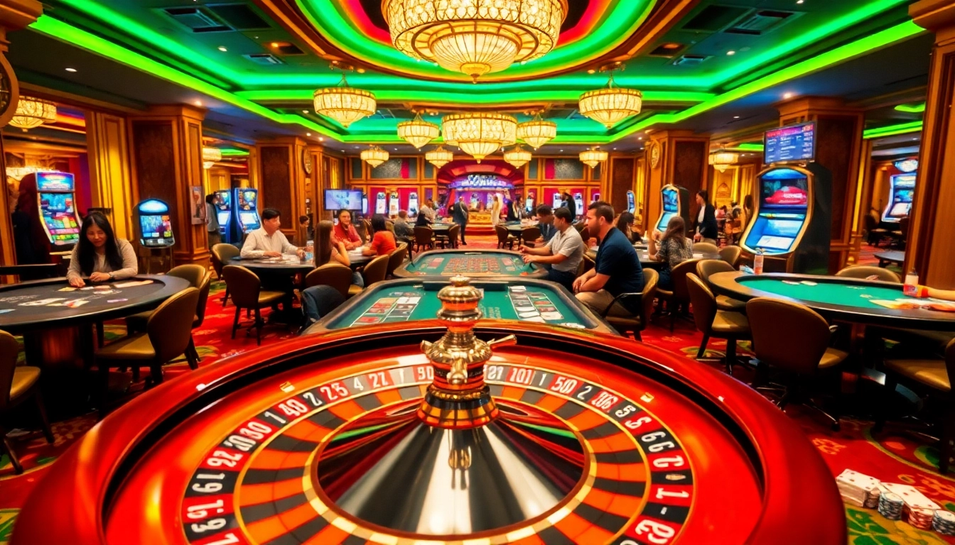 Engaging scene of gamblers in a vibrant casino featuring CM88 gaming tables and excitement.