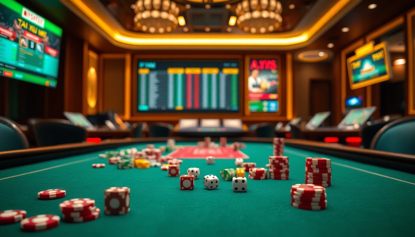 Players engaging in Tài Xỉu MD5 with colorful dice and chips on a luxury gaming table.