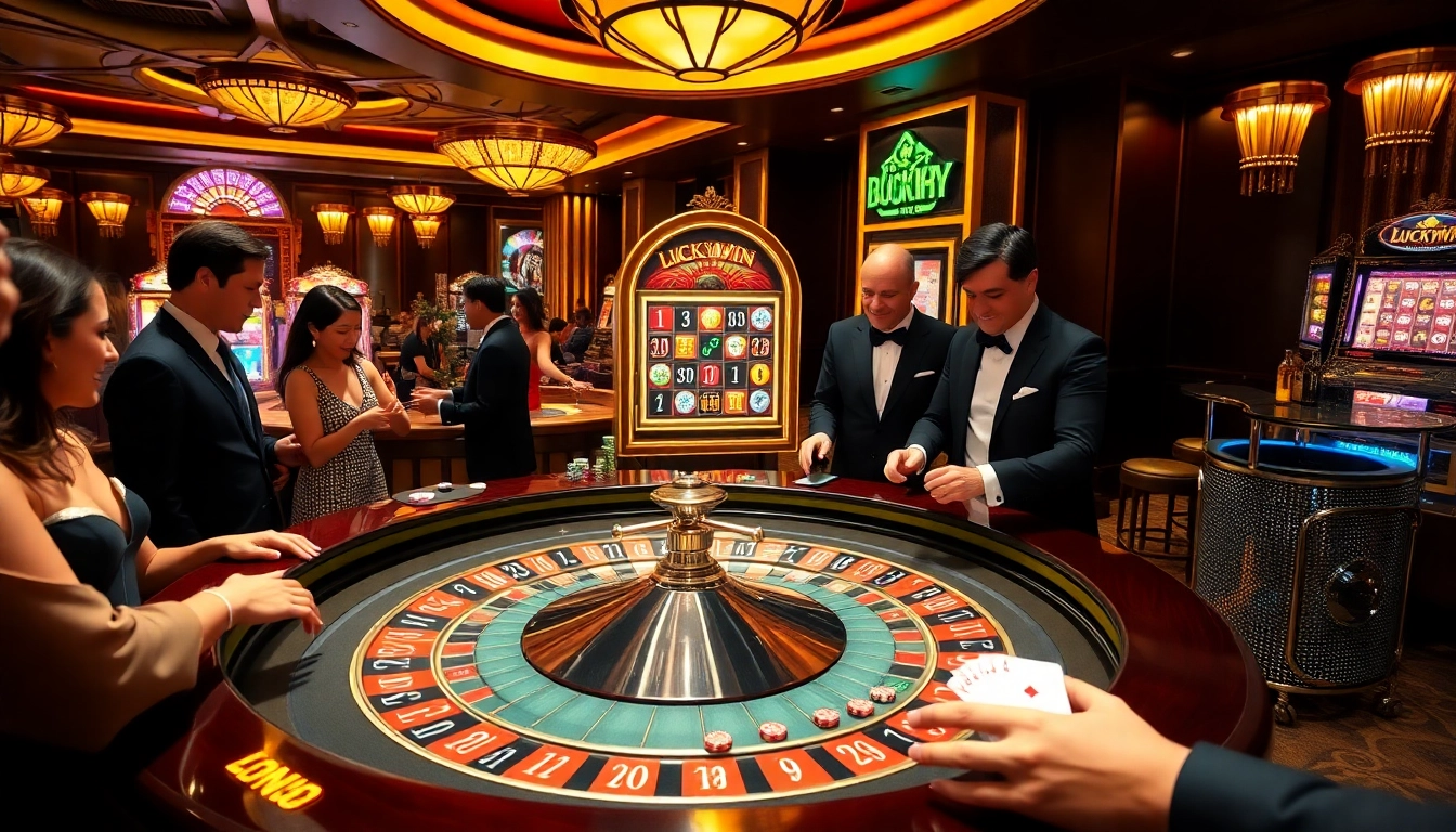 Experience the thrill of Luckywin at a luxurious casino with roulette and slot machines.