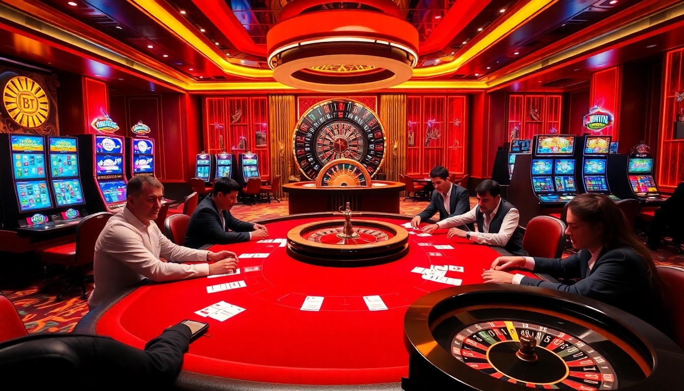 Kuwin players engaging at a lively poker table in a vibrant casino atmosphere.