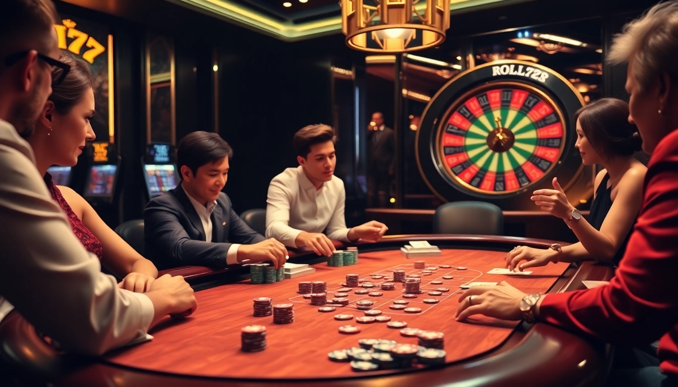 Engaged players enjoy a thrilling game at fun79 casino poker table with chips and cards.