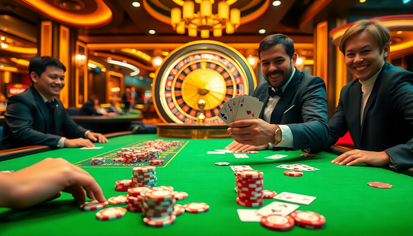 Players enjoying an exciting game of NK88 at a luxurious casino table filled with poker chips and cards.