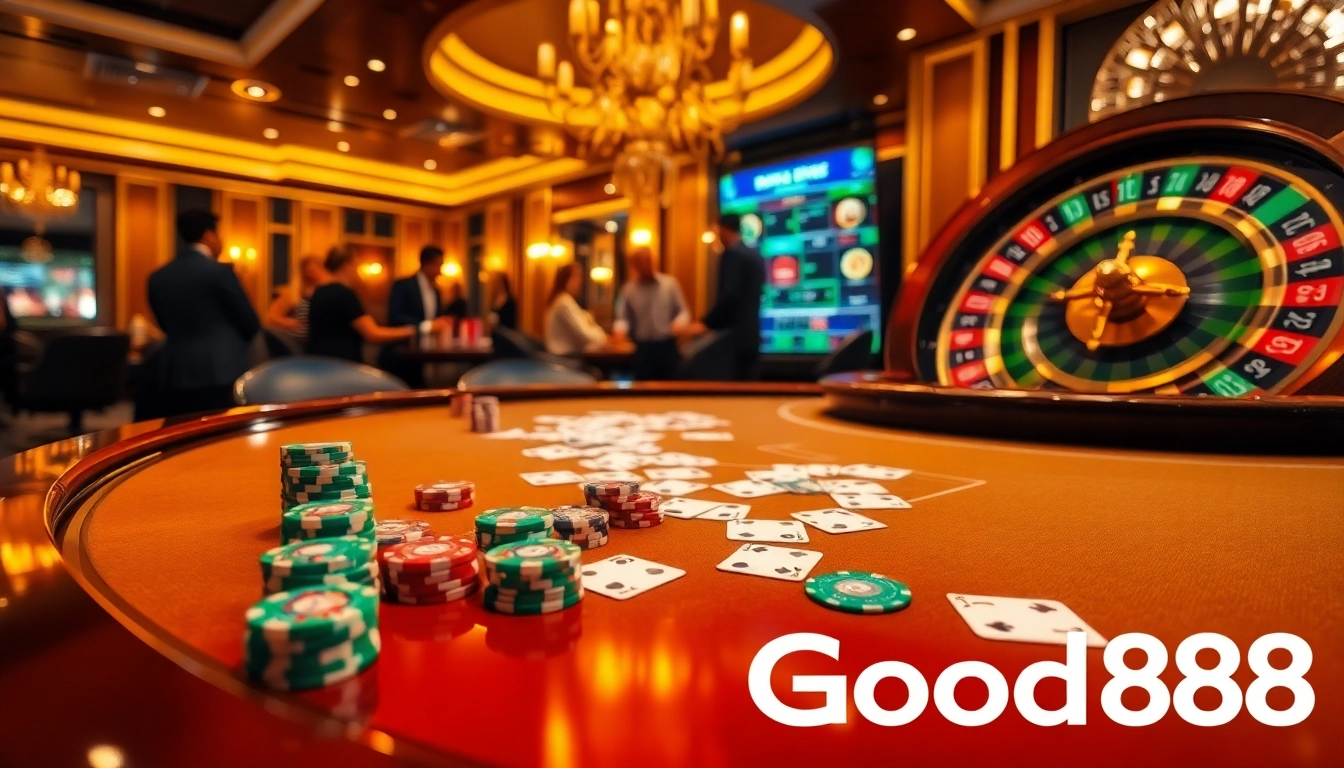 Experience the excitement of Good88 at a luxurious casino table with high-stakes poker.