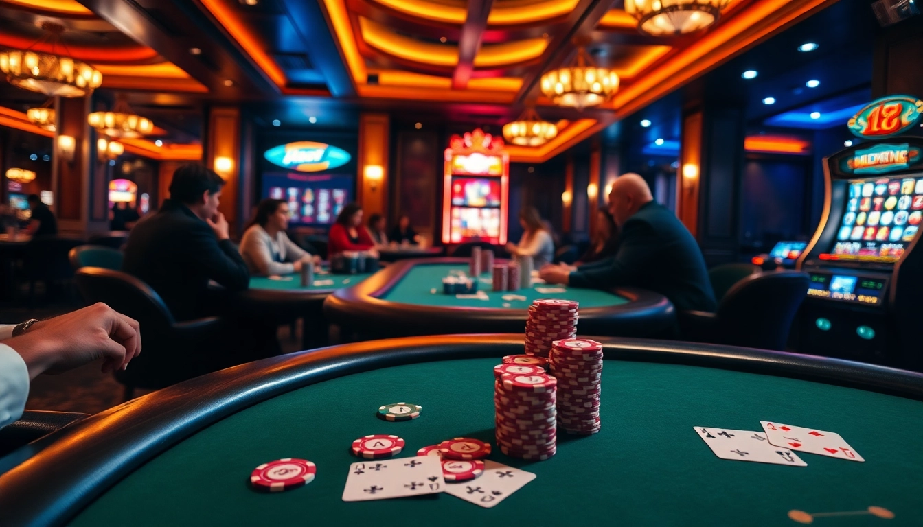 ABC8 casino scene with poker tables, chips, and slot machines showcasing high-stakes gambling.