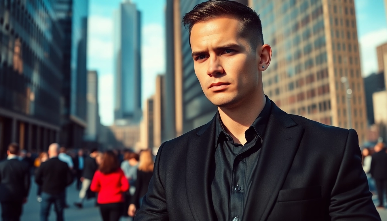 Private security bodyguard stands watchful in a busy urban setting, symbolizing safety and protection.