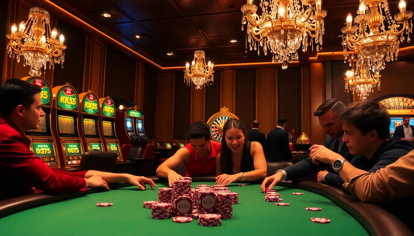 Players enjoying a thrilling KK55-themed poker game at a luxurious casino table.