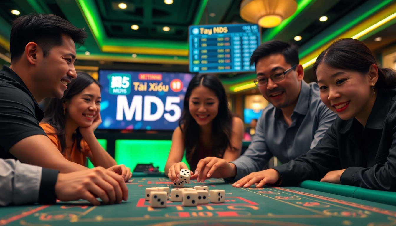 Engaged players experiencing excitement with Tài Xỉu MD5 game at a vibrant casino table.
