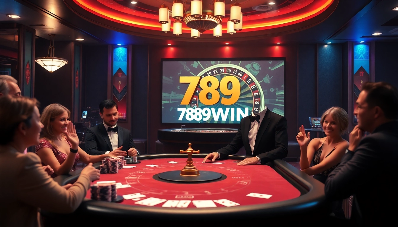 Excited players at a luxurious poker table with 789WIN branding and vibrant casino ambiance