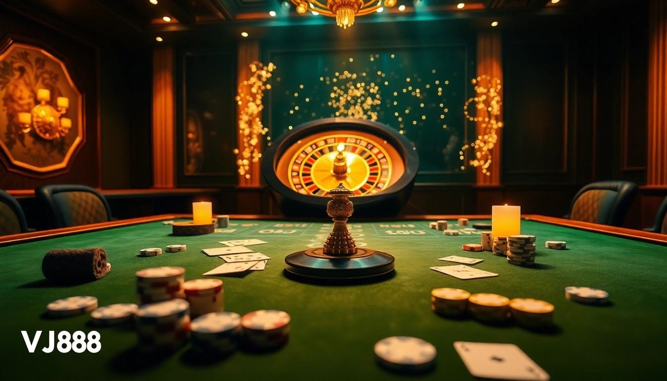 Experience the excitement of VJ88 at a vibrant casino table featuring cards, chips, and roulette wheel.