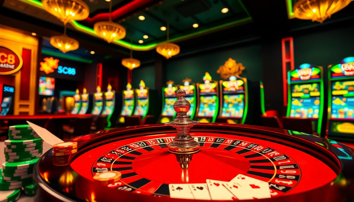 Experience thrilling casino action with SC88 on an elegant roulette table and vibrant poker chips.