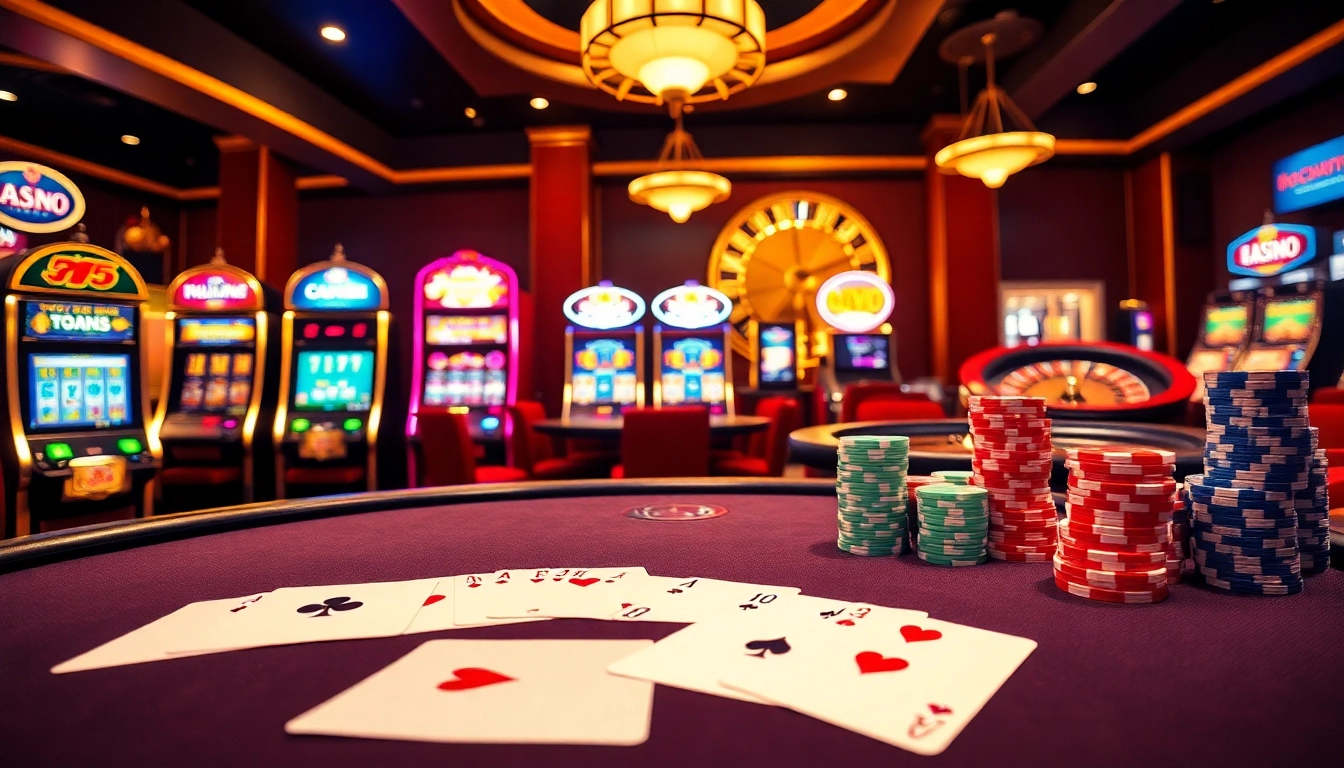 Exciting casino scene with cards, poker chips, and slot machines at https://i9bet2h.club for immersive gaming.