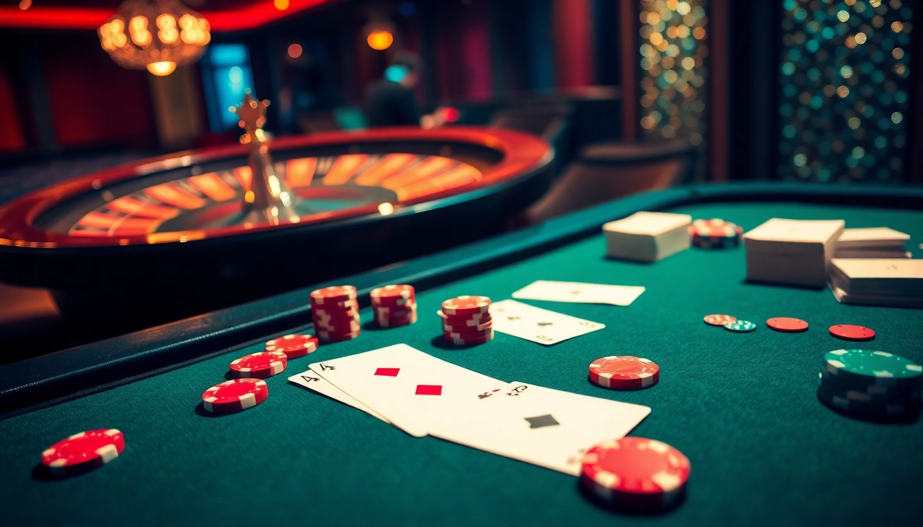 Engaged players enjoy their game bài experience at a vibrant casino table with cards and chips.